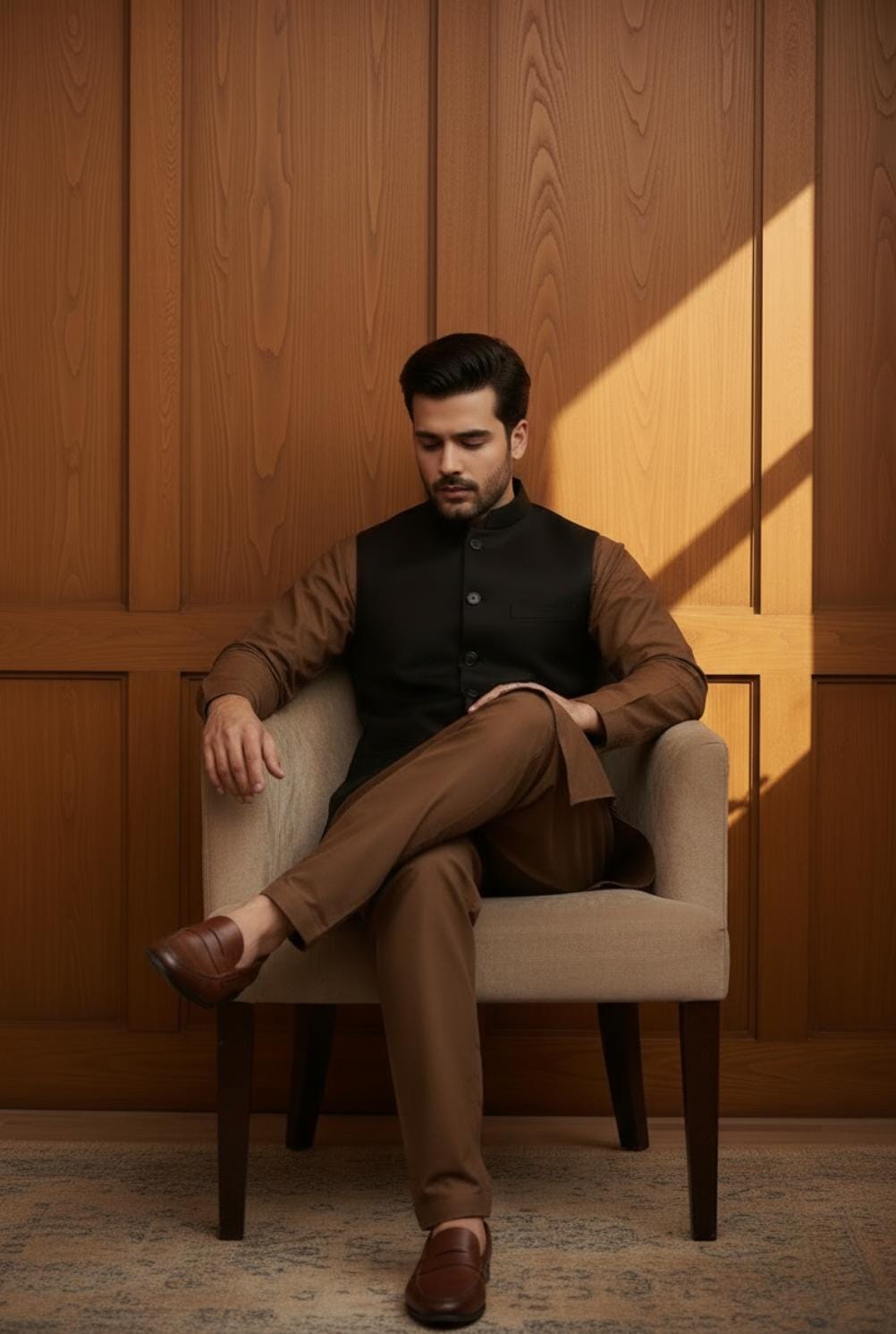 Mustard Brown Kurta Pajama with Black Waistcoat