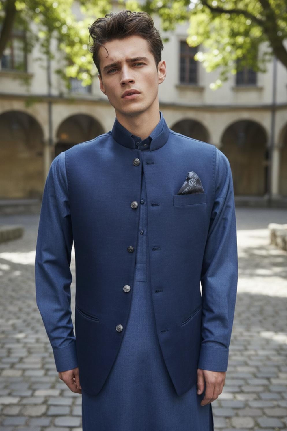Light Blue Kameez Shalwar With Navy Waistcoat