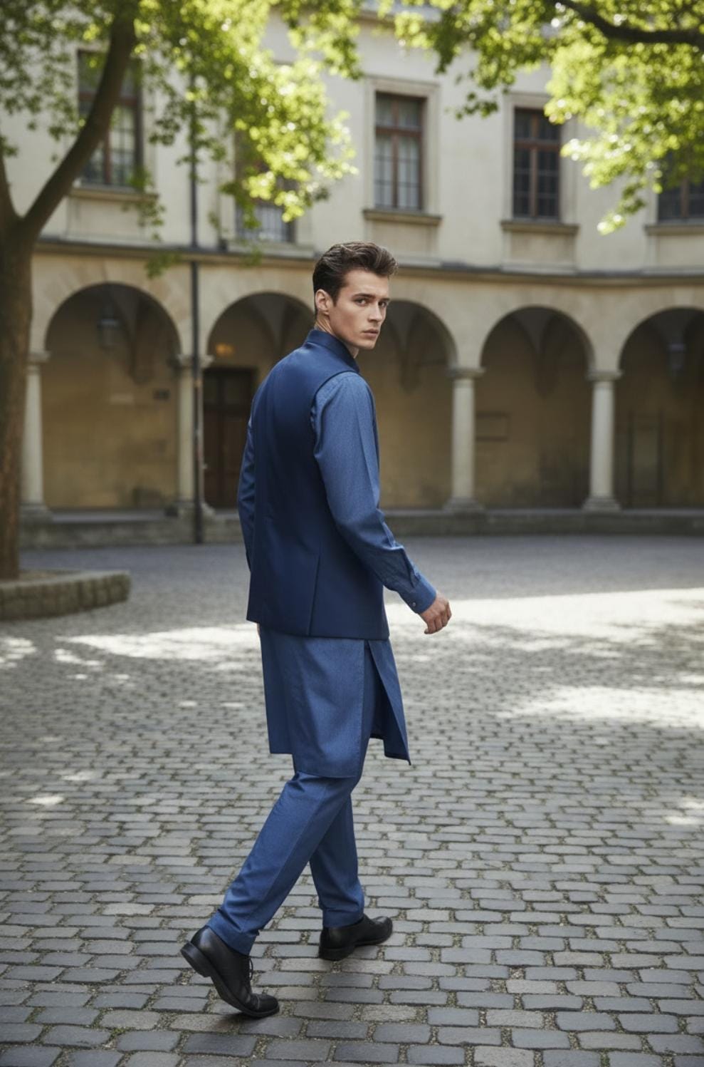 Light Blue Kameez Shalwar With Navy Waistcoat