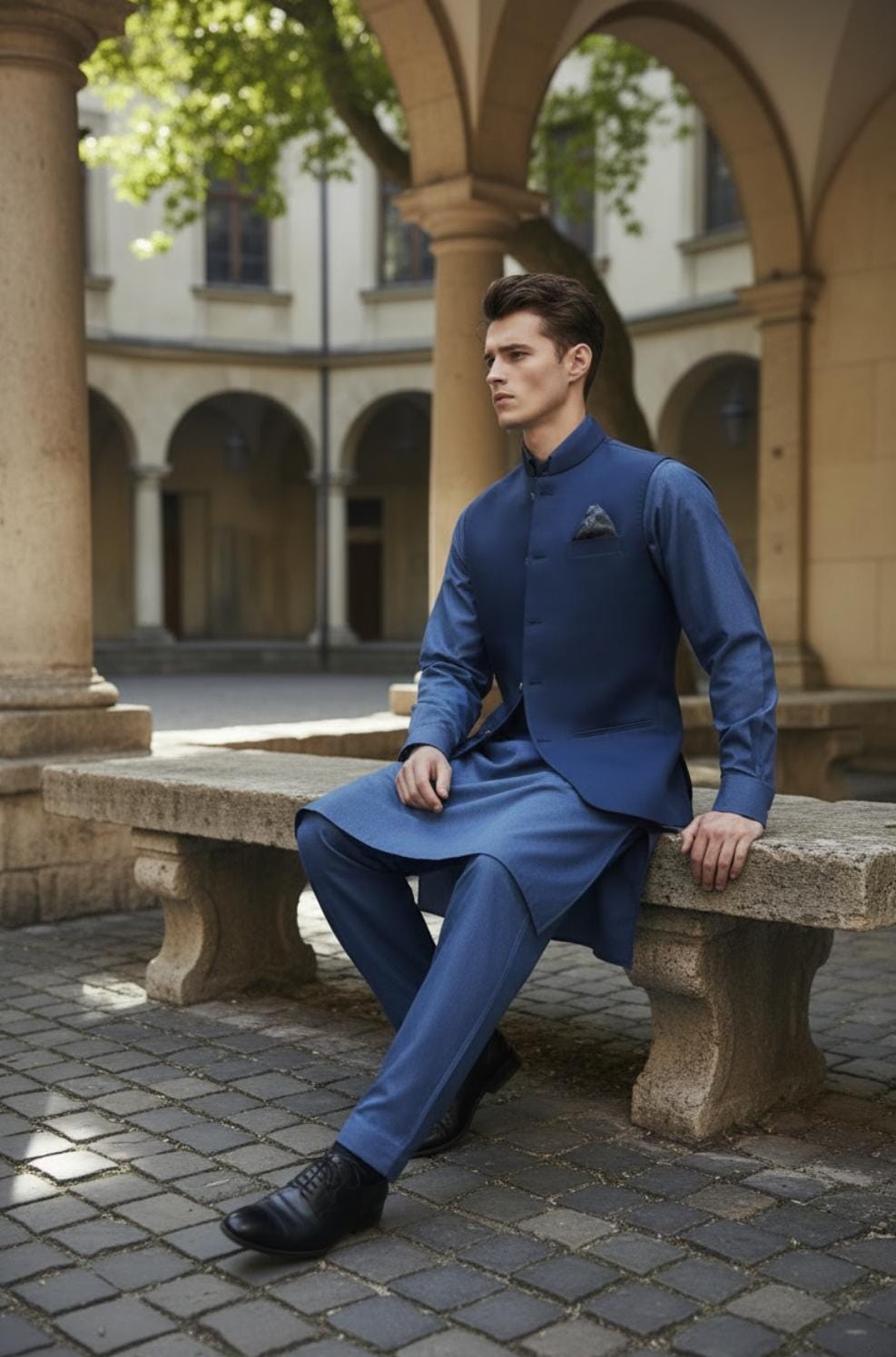 Light Blue Kameez Shalwar With Navy Waistcoat