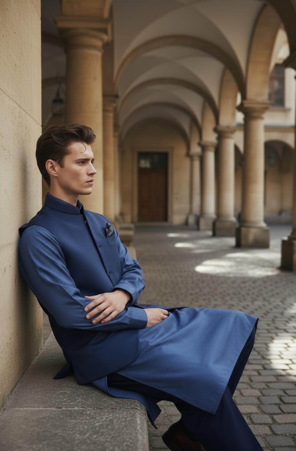 Light Blue Kameez Shalwar With Navy Waistcoat