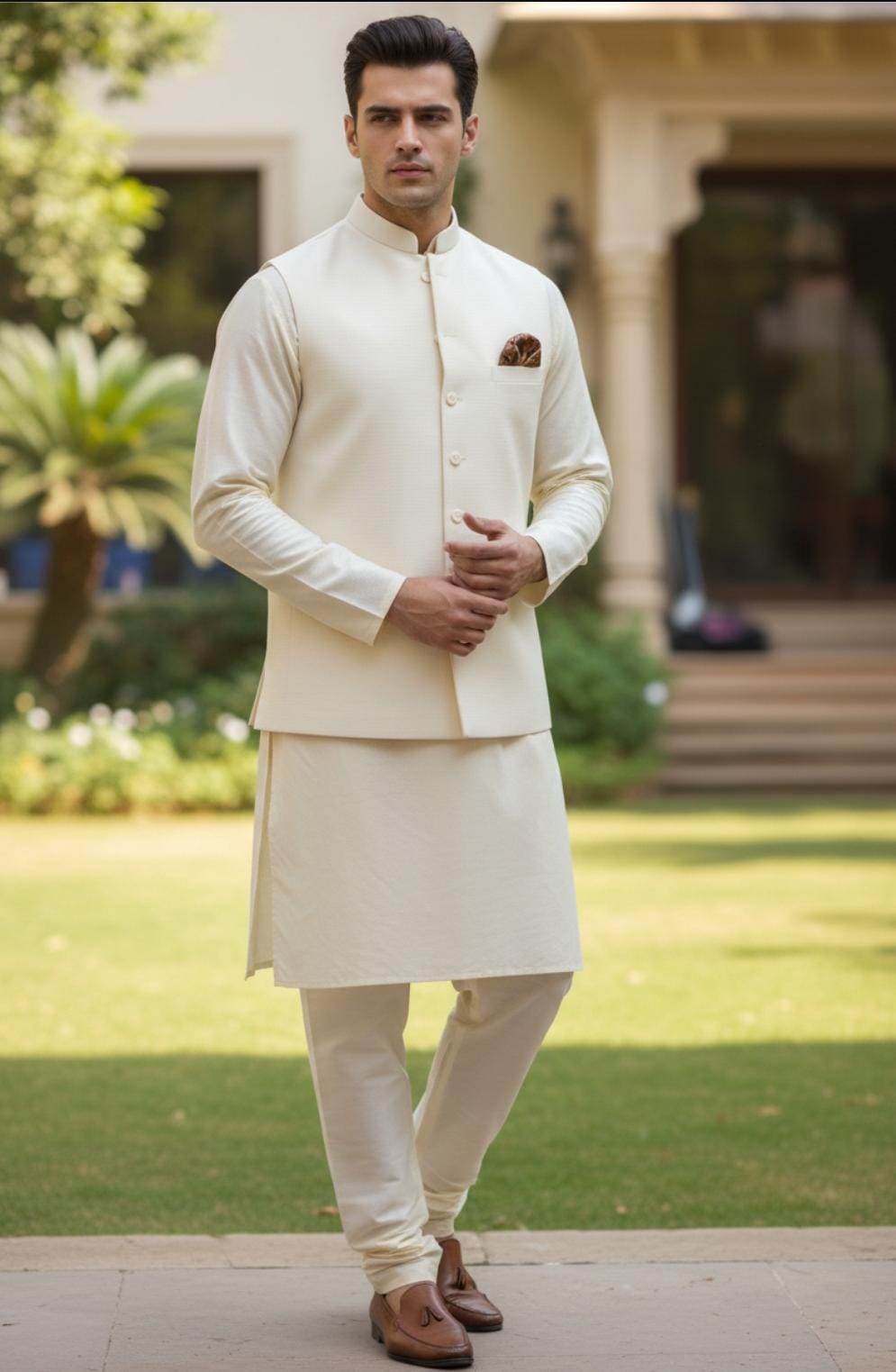 Plain Kurta Pajama With Off White Waistcoat