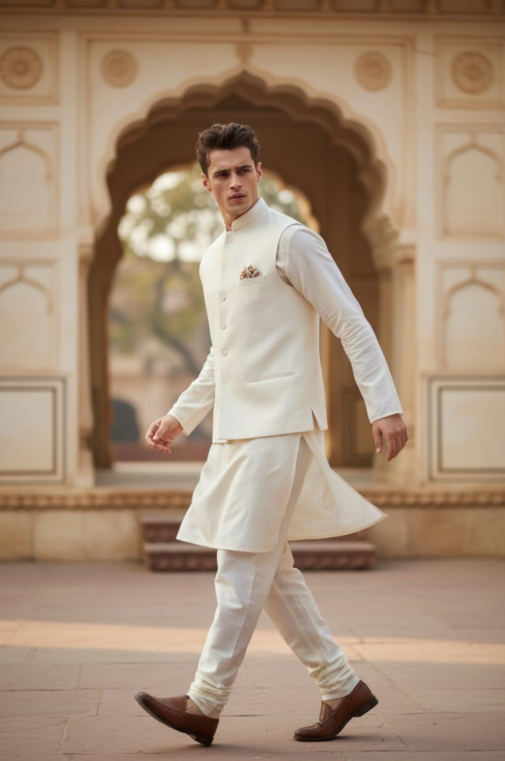 Plain Kurta Pajama With Off White Waistcoat