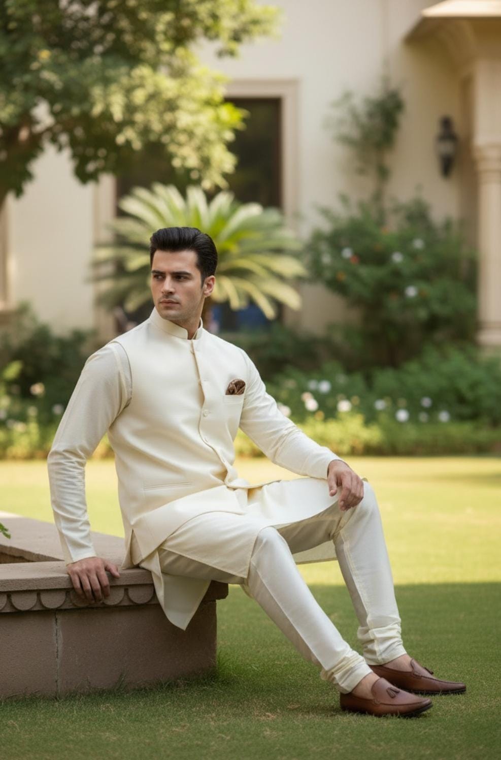 Plain Kurta Pajama With Off White Waistcoat