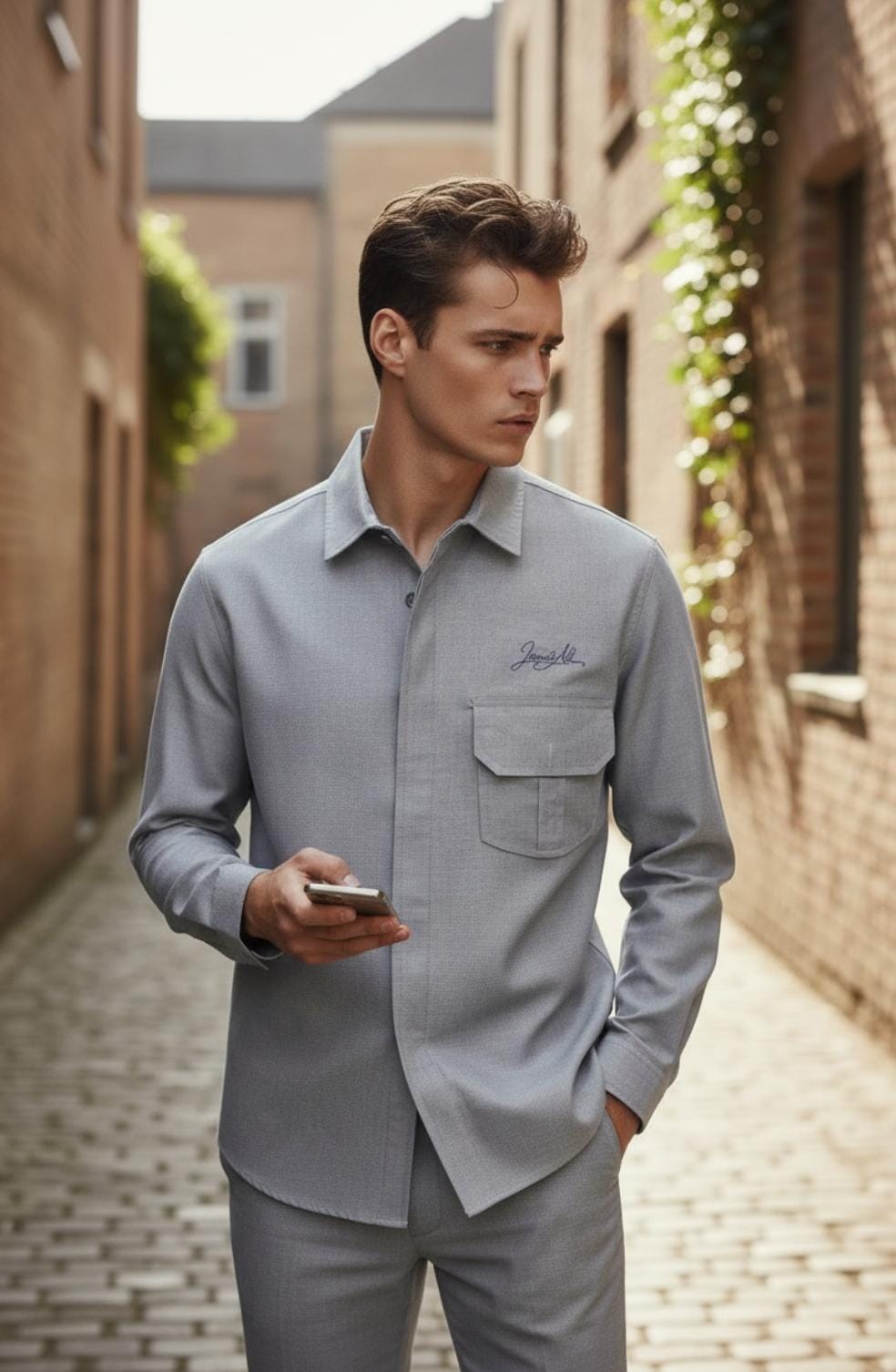 Men’s Slim Fit Grey Long Sleeve Casual Shirt