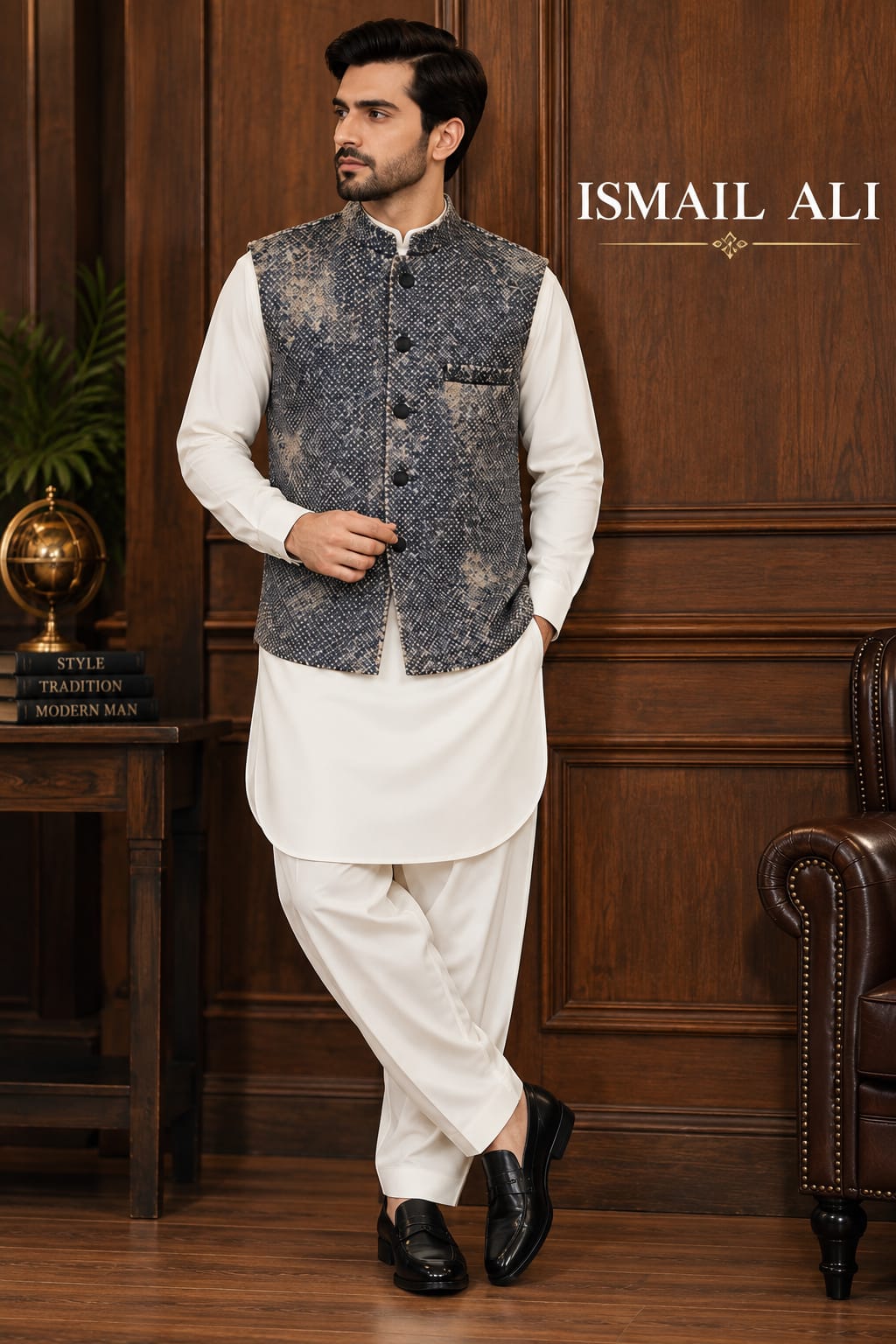 CREAM KAMEEZ SHALWAR WITH CROCODILE EMBOSSED WAISTCOAT