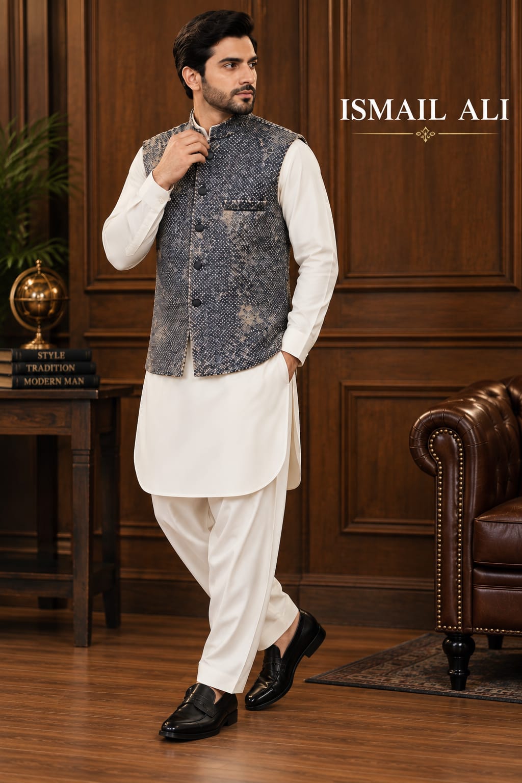CREAM KAMEEZ SHALWAR WITH CROCODILE EMBOSSED WAISTCOAT