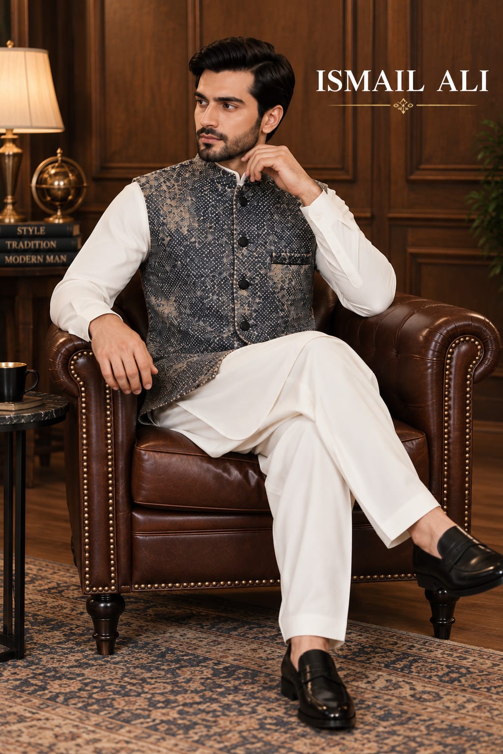 CREAM KAMEEZ SHALWAR WITH CROCODILE EMBOSSED WAISTCOAT