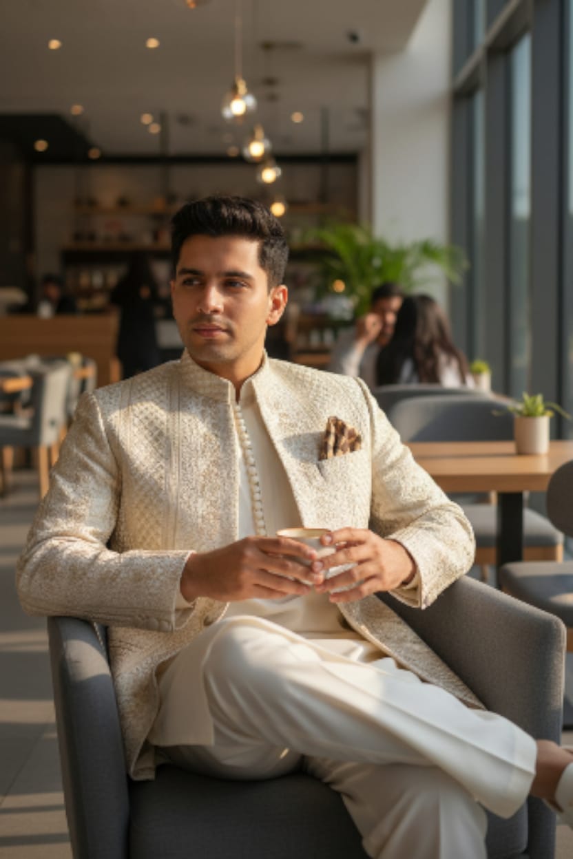 BEIGE AND IVORY EMBROIDERED FRONT OPEN  PRINCE COAT