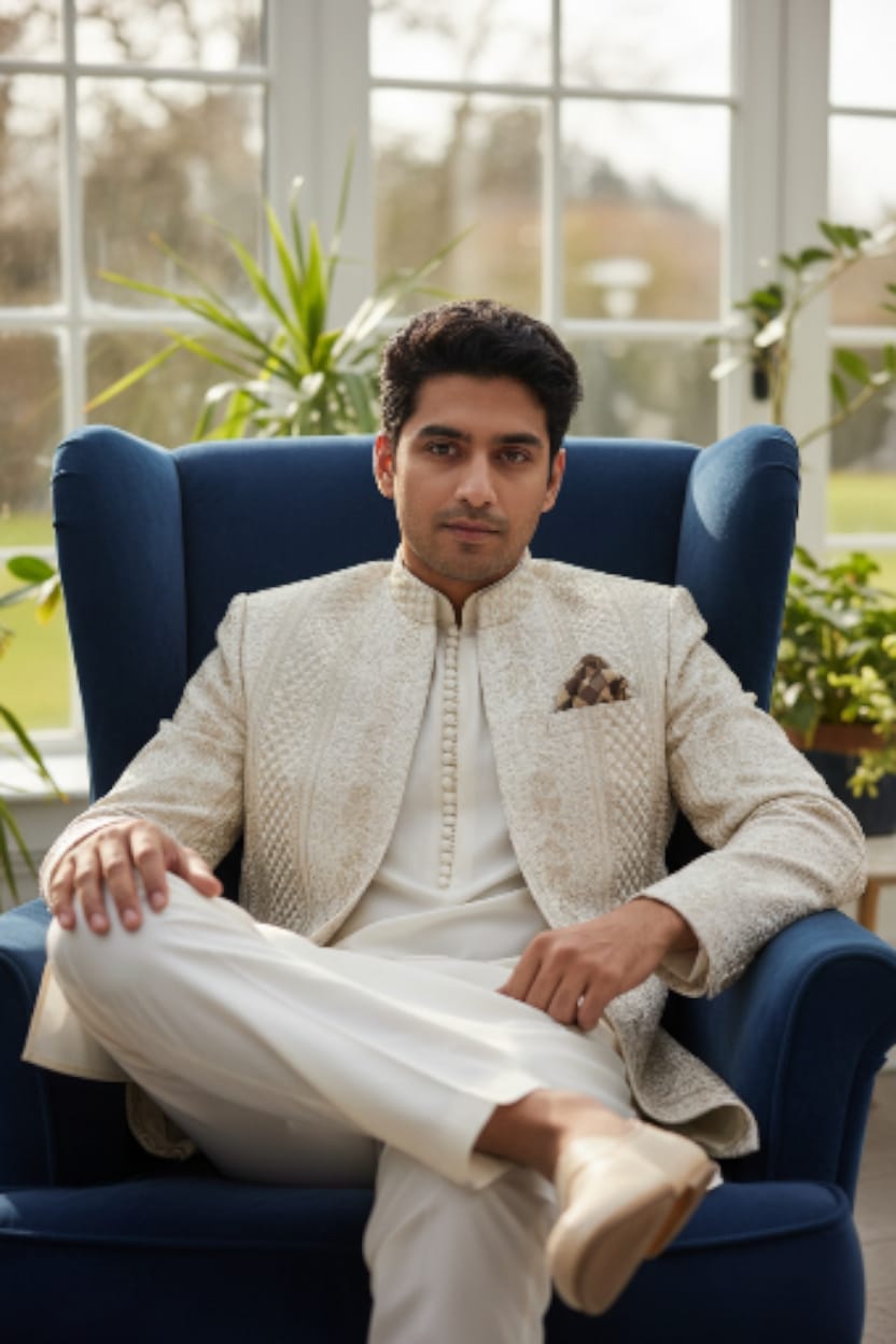 BEIGE AND IVORY EMBROIDERED FRONT OPEN  PRINCE COAT