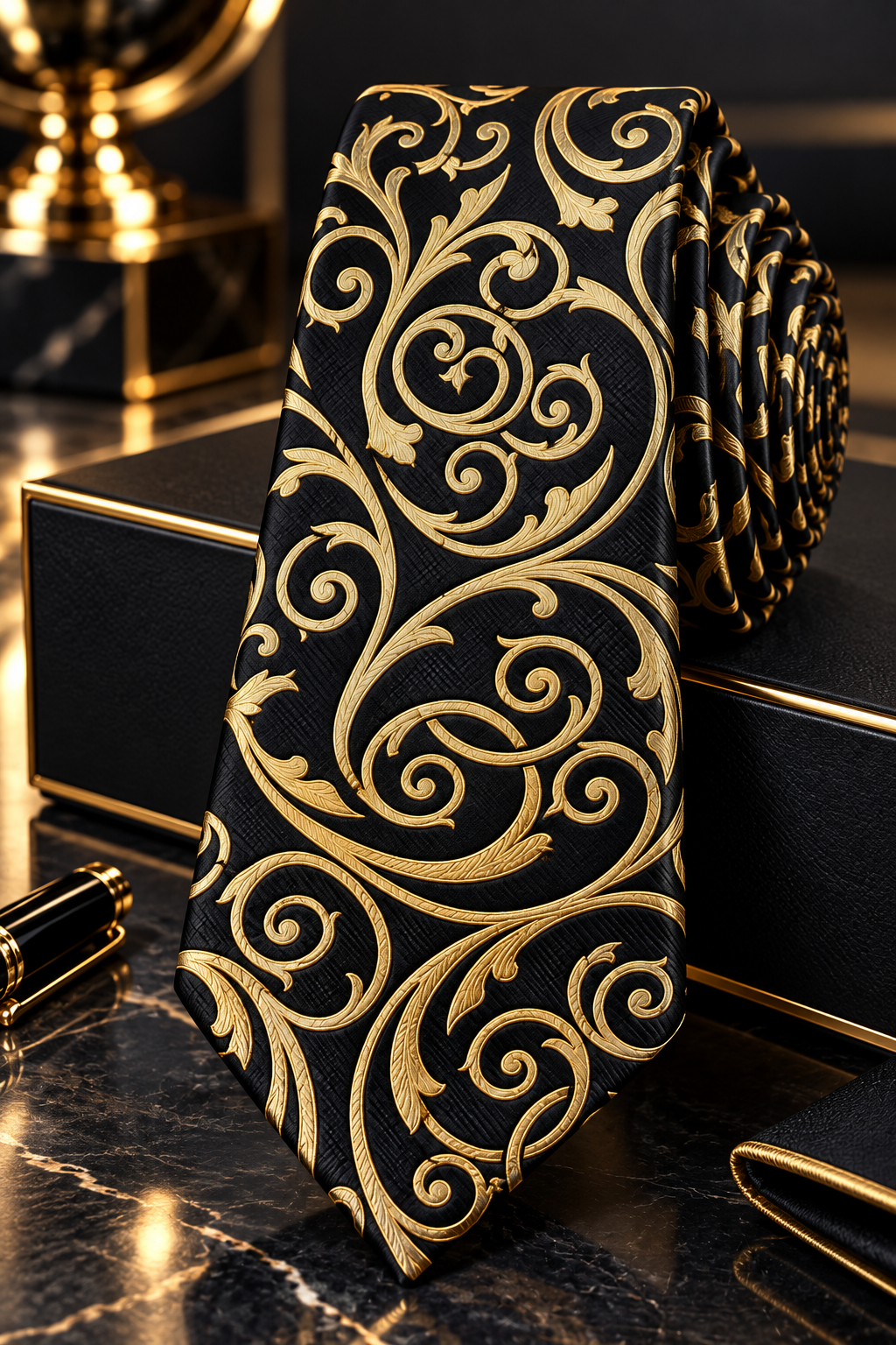 Black & Gold Baroque Scrollwork Silk Tie