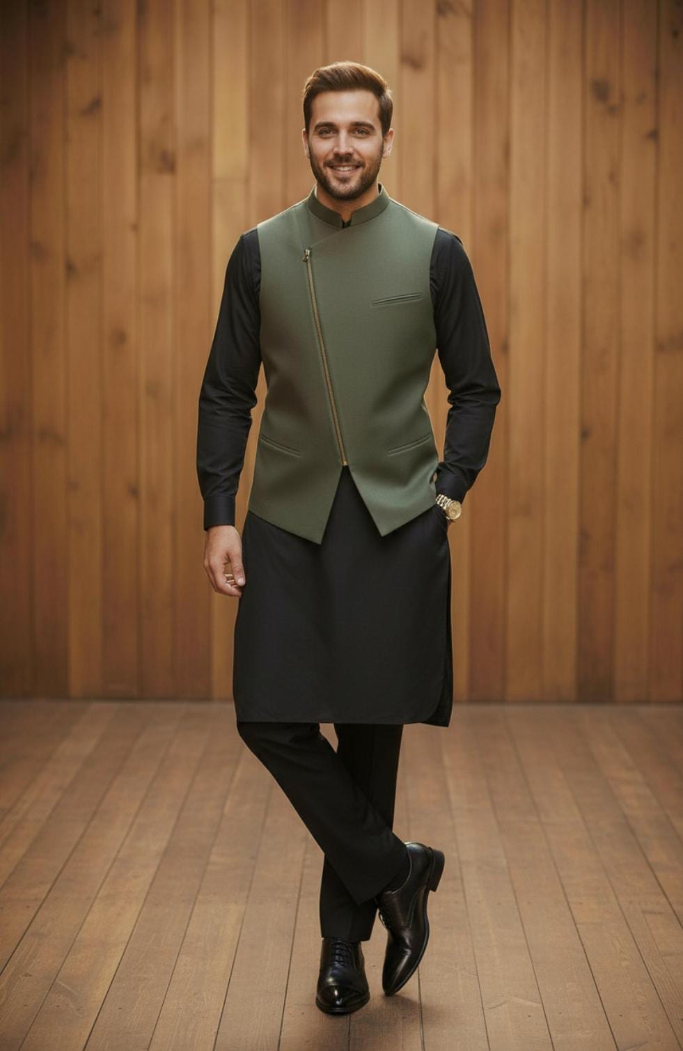 BLACK KAMEEZ SHALWAR WITH OLIVE COLOUR ZIPPER WAISTCOAT