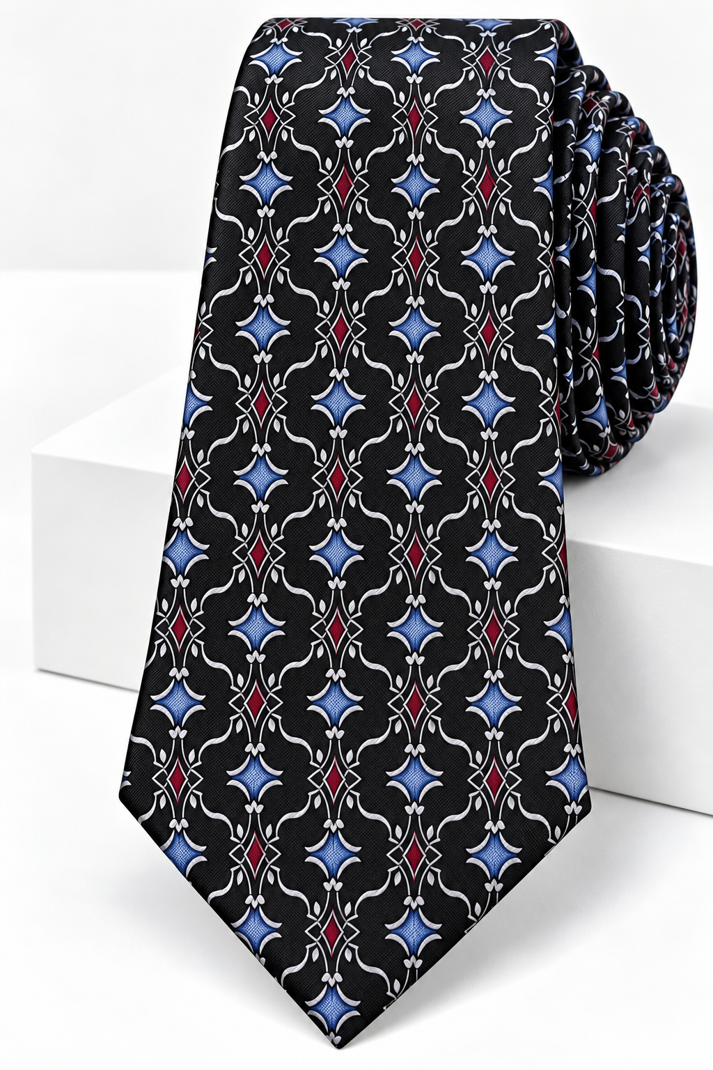 Black, Royal Blue & Burgundy Geometric Jacquard Tie