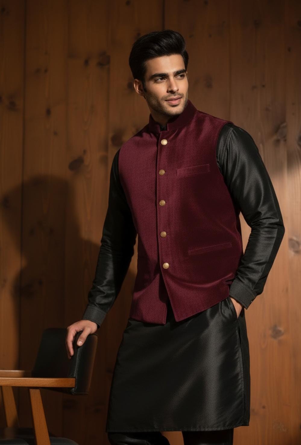 Maroon Sweat Waistcoat, Wearing with Shiny Black K/ Pajama