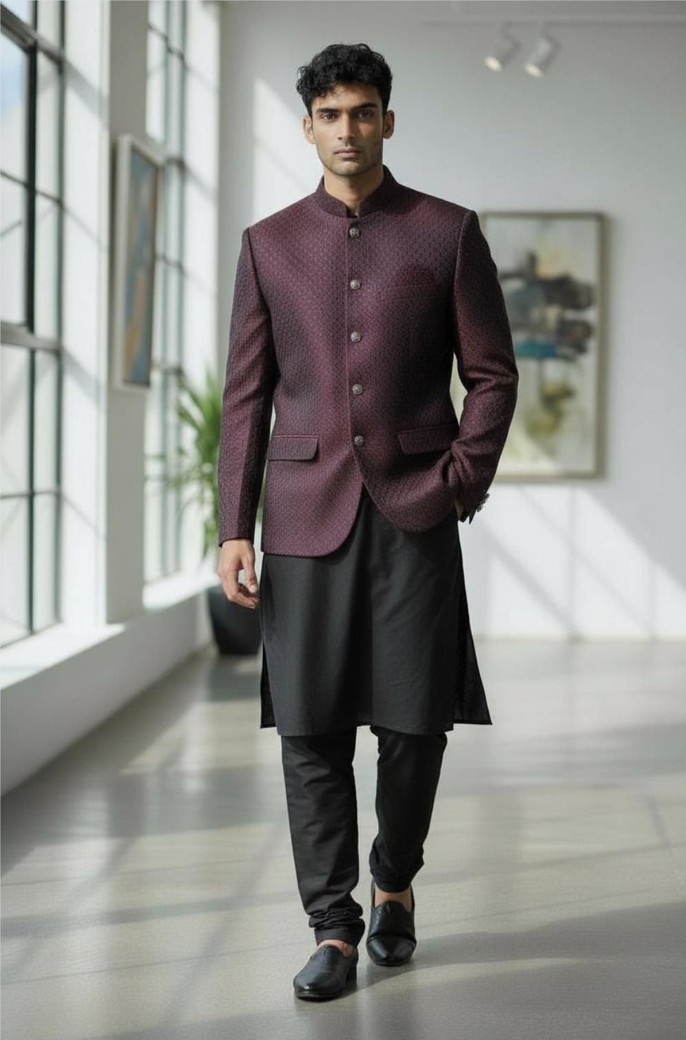 ROYAL MAROON TEXTURED PRINCE COAT FOR MEN