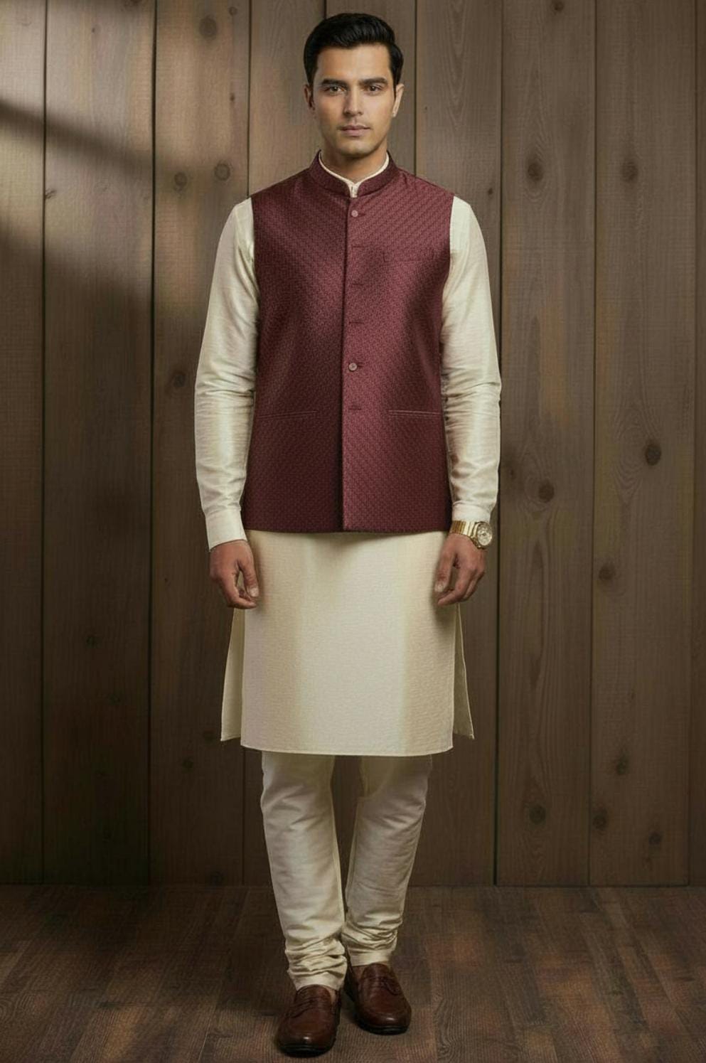 MAROON JACQUARD WAISTCOAT