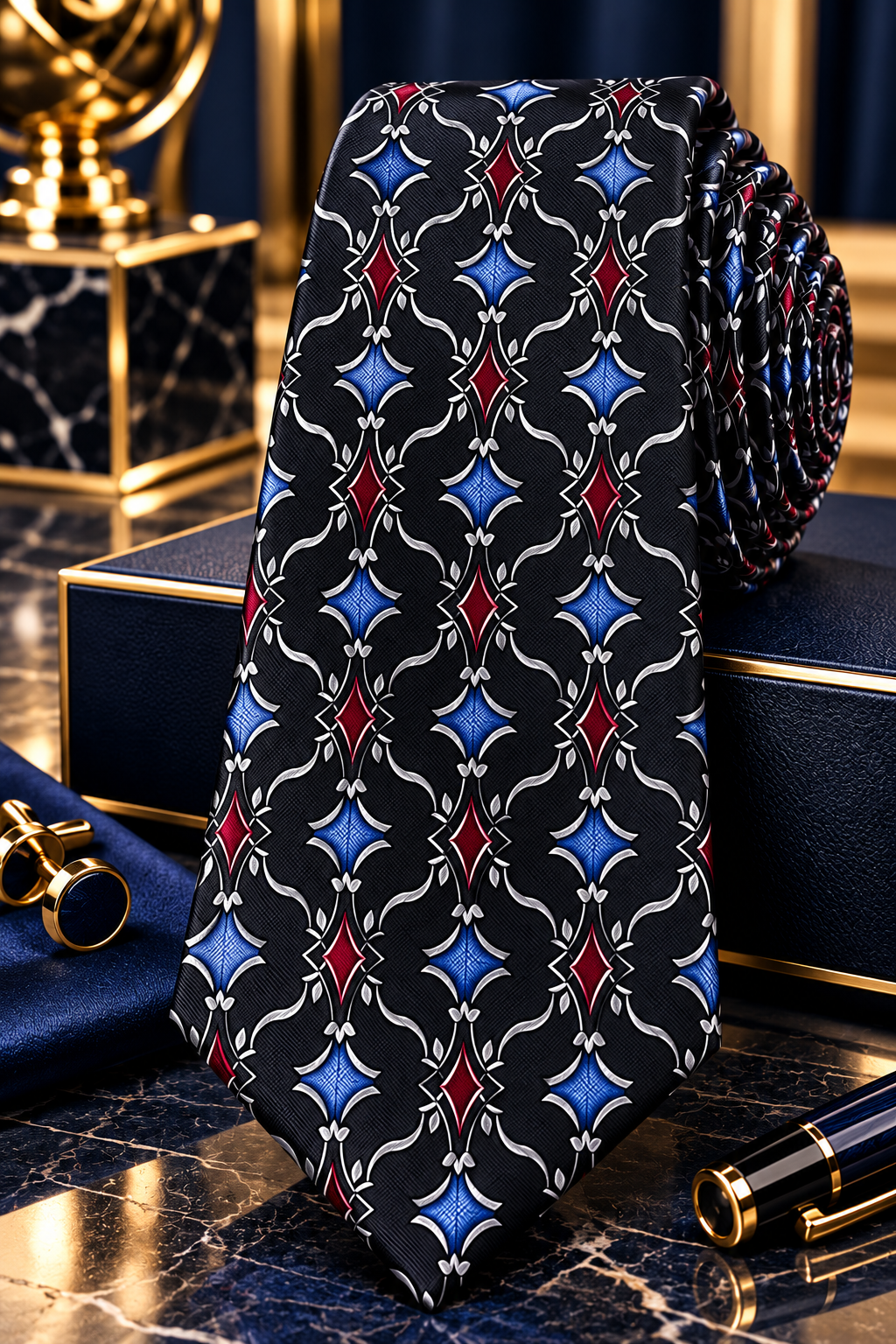 Black, Royal Blue & Burgundy Geometric Jacquard Tie