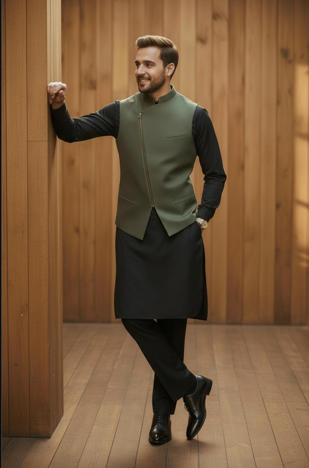 BLACK KAMEEZ SHALWAR WITH OLIVE COLOUR ZIPPER WAISTCOAT