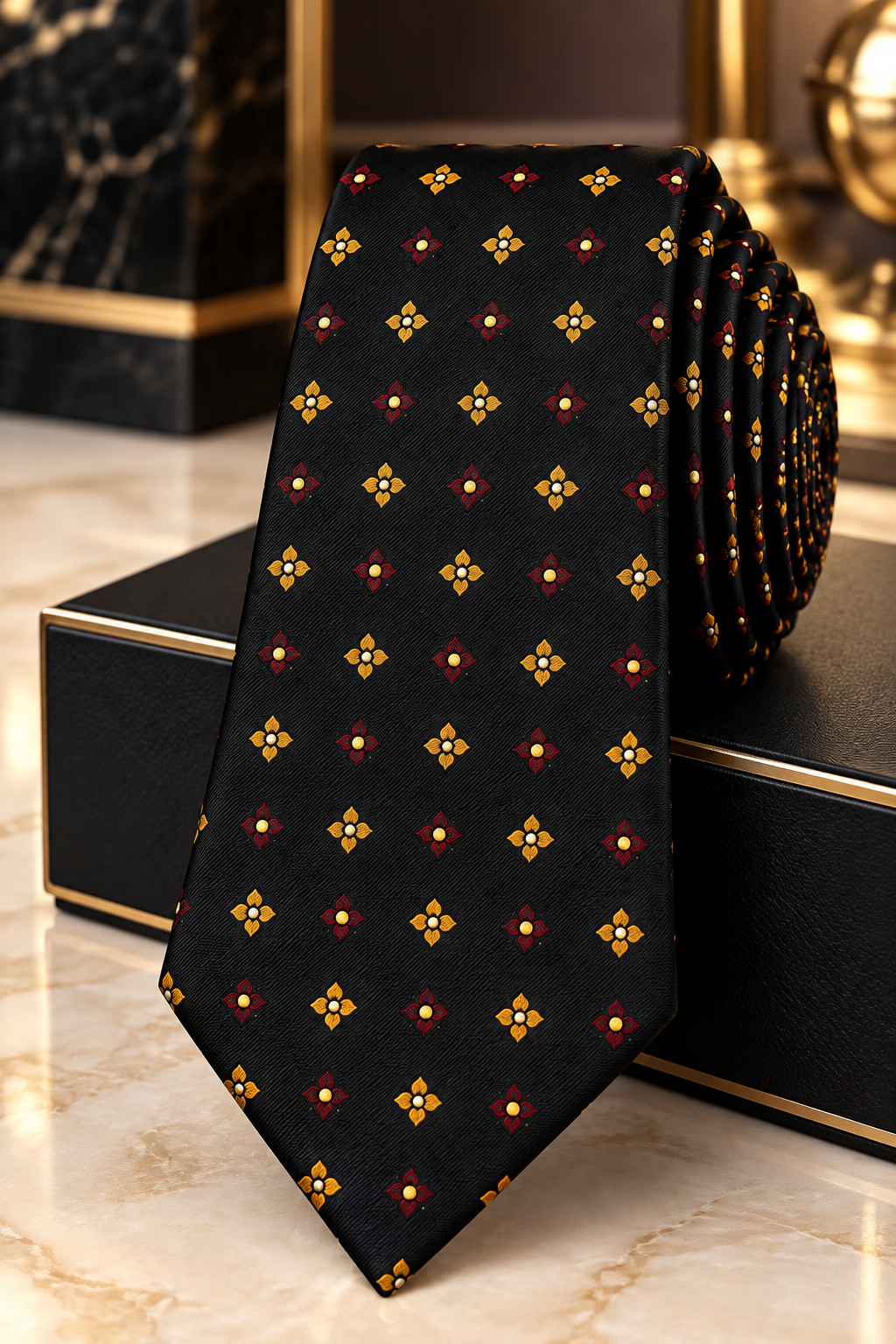Black & Gold Floral Medallion Silk Tie