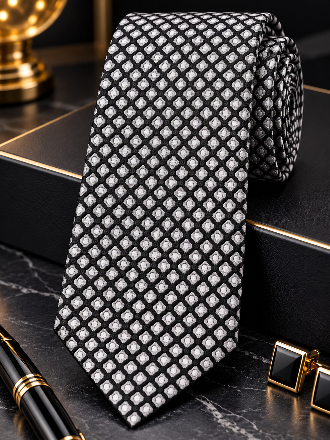 Black & Silver Diamond Lattice Tie