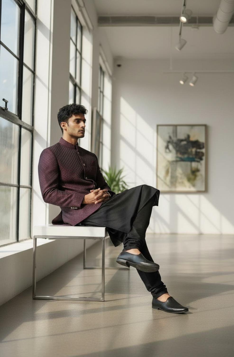 ROYAL MAROON TEXTURED PRINCE COAT FOR MEN