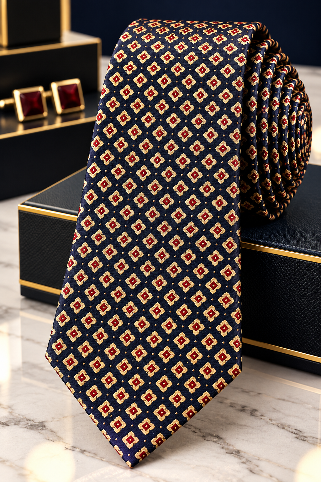 Navy Blue & Gold Geometric Medallion Tie