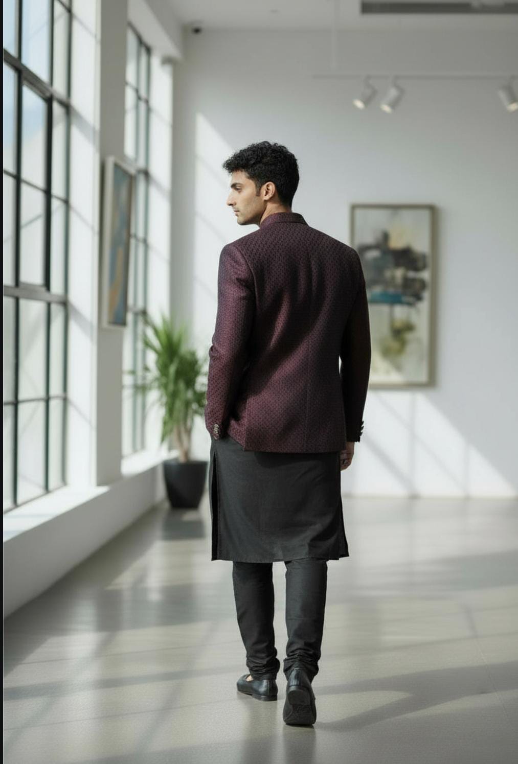 ROYAL MAROON TEXTURED PRINCE COAT FOR MEN