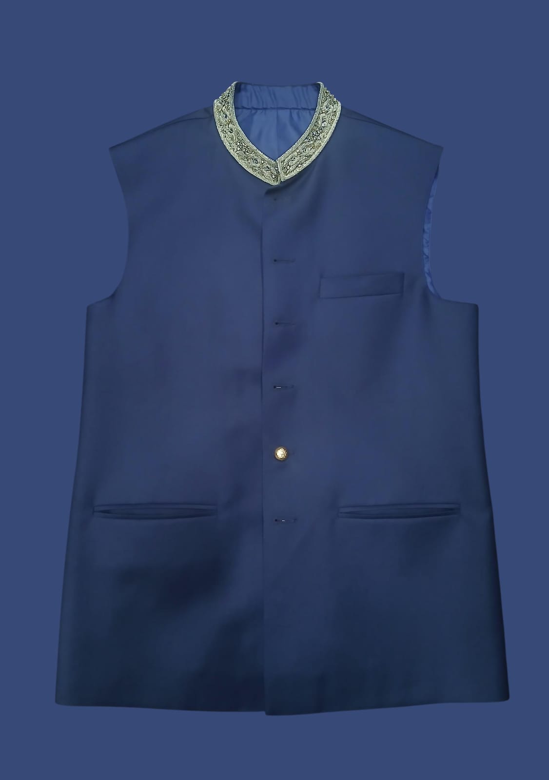 ROYAL BLUE HAND-EMBROIDERED COLLAR WAISTCOAT