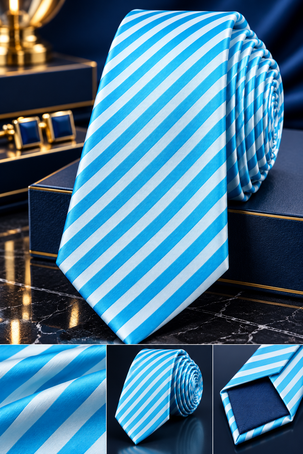 AQUA BLUE & WHITE DIAGONAL STRIPE TIE