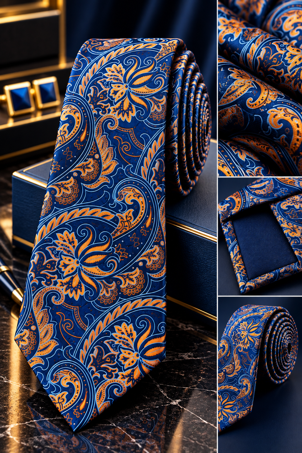 Navy Blue & Gold Paisley Silk Tie