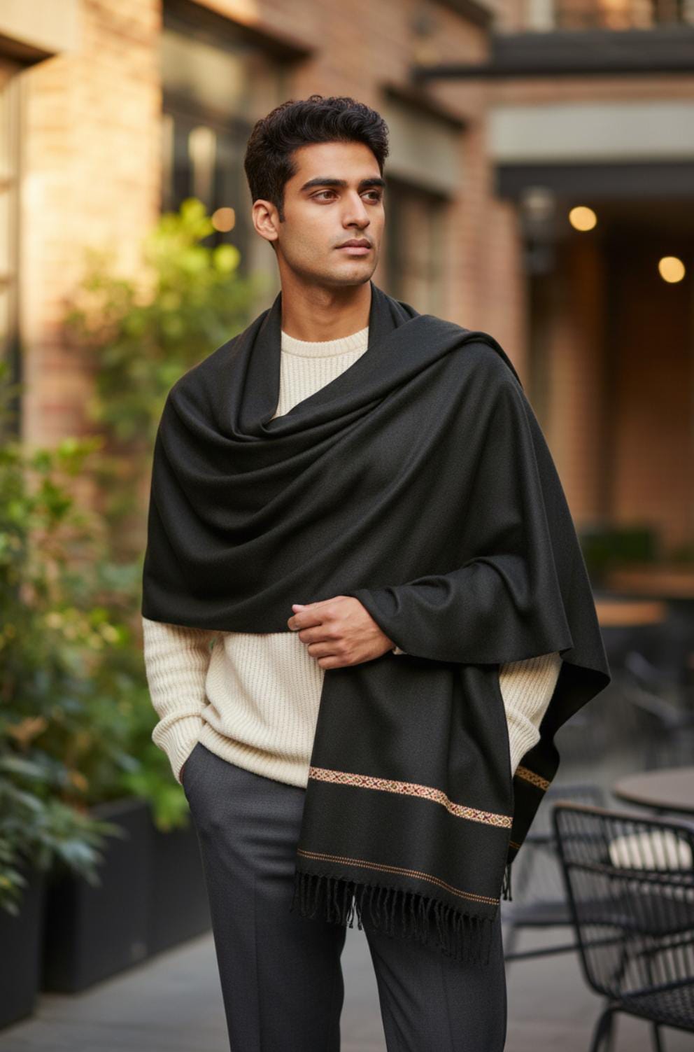 BLACK KASHMIRI WOOL SHAWL