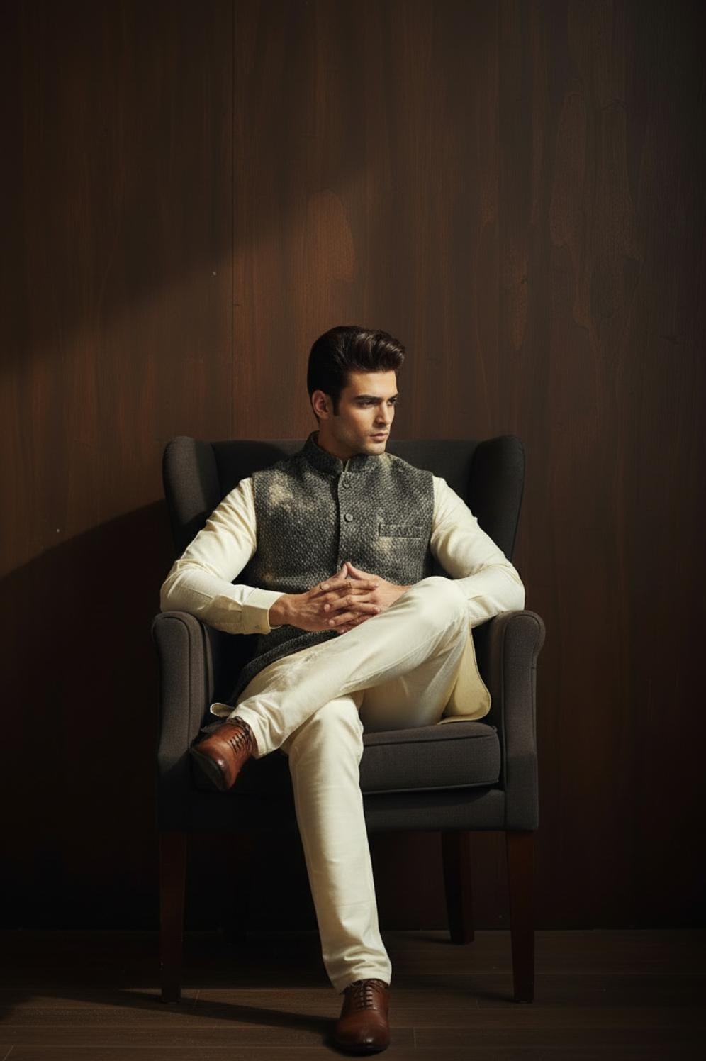 Artificial Snake Skin Waistcoat with Cream Kurta Pajama