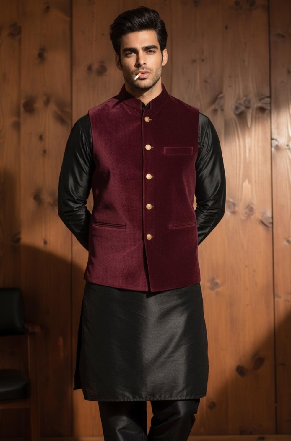 Maroon Sweat Waistcoat, Wearing with Shiny Black K/ Pajama