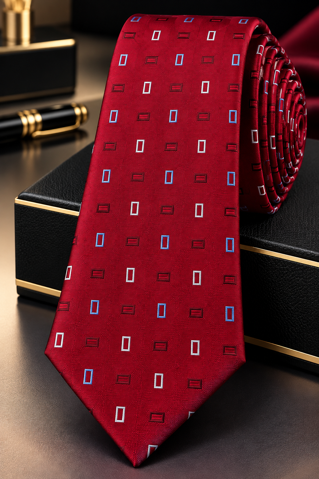 Burgundy Red Geometric Rectangle Silk Tie
