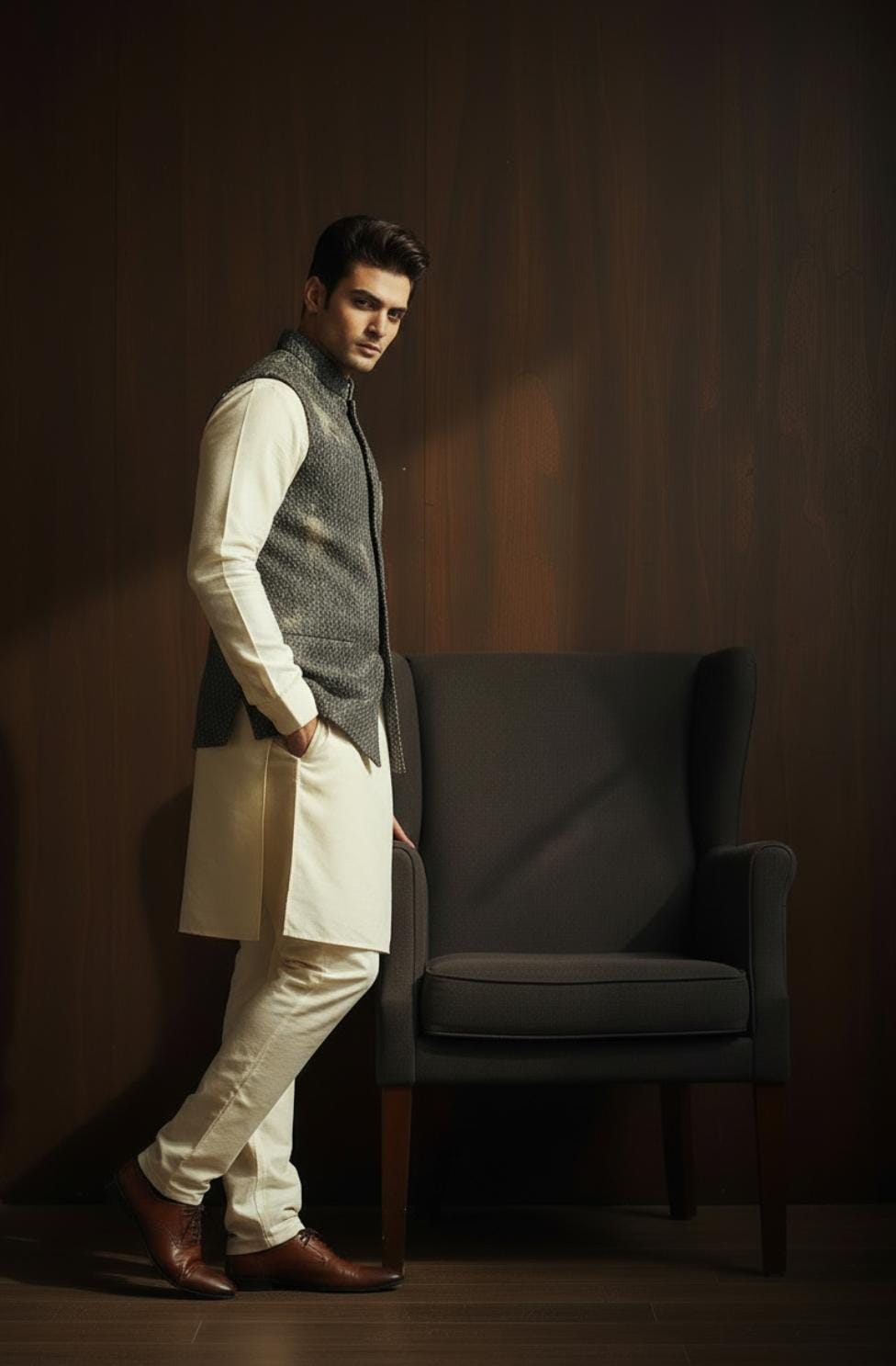 Artificial Snake Skin Waistcoat with Cream Kurta Pajama