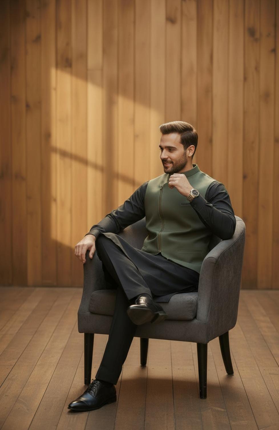 BLACK KAMEEZ SHALWAR WITH OLIVE COLOUR ZIPPER WAISTCOAT