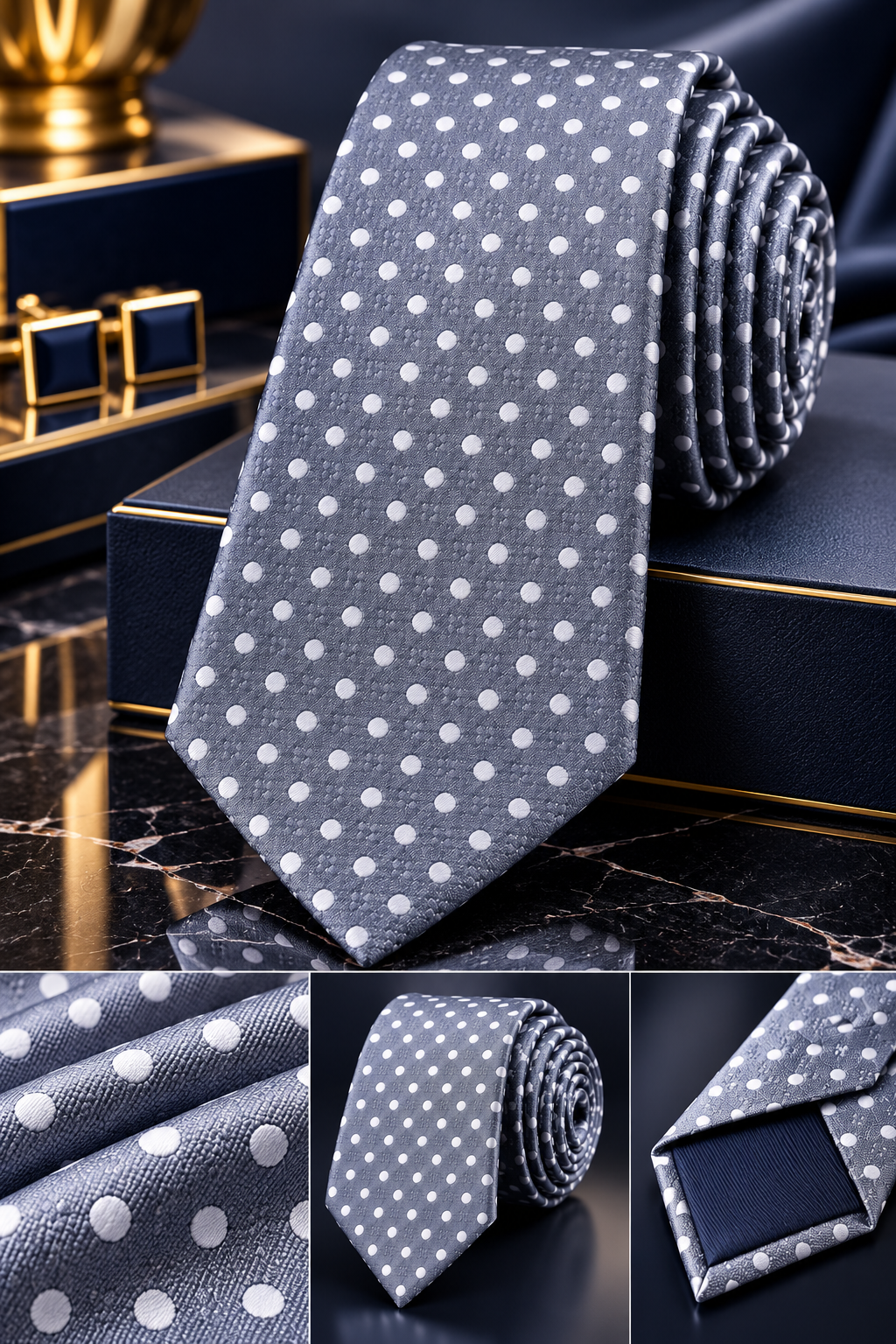 STEEL GREY & WHITE POLKA DOT TIE