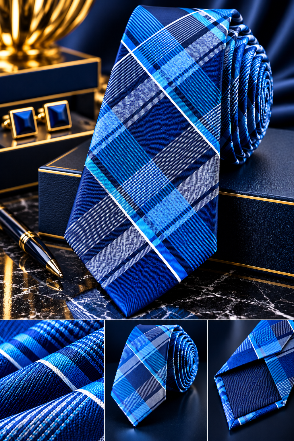 ROYAL BLUE & AQUA PLAID SILK TIE