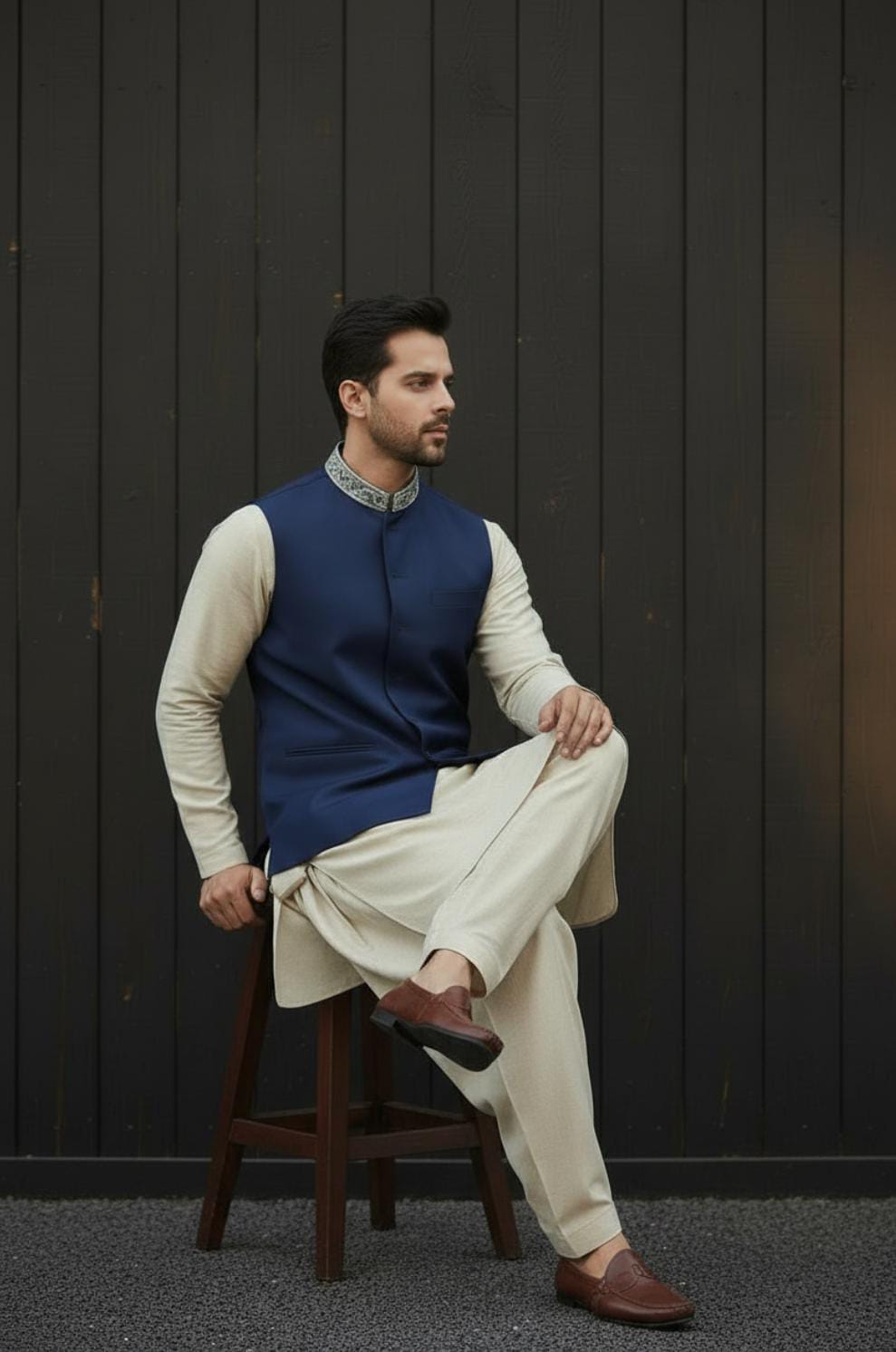 ROYAL BLUE HAND-EMBROIDERED COLLAR WAISTCOAT