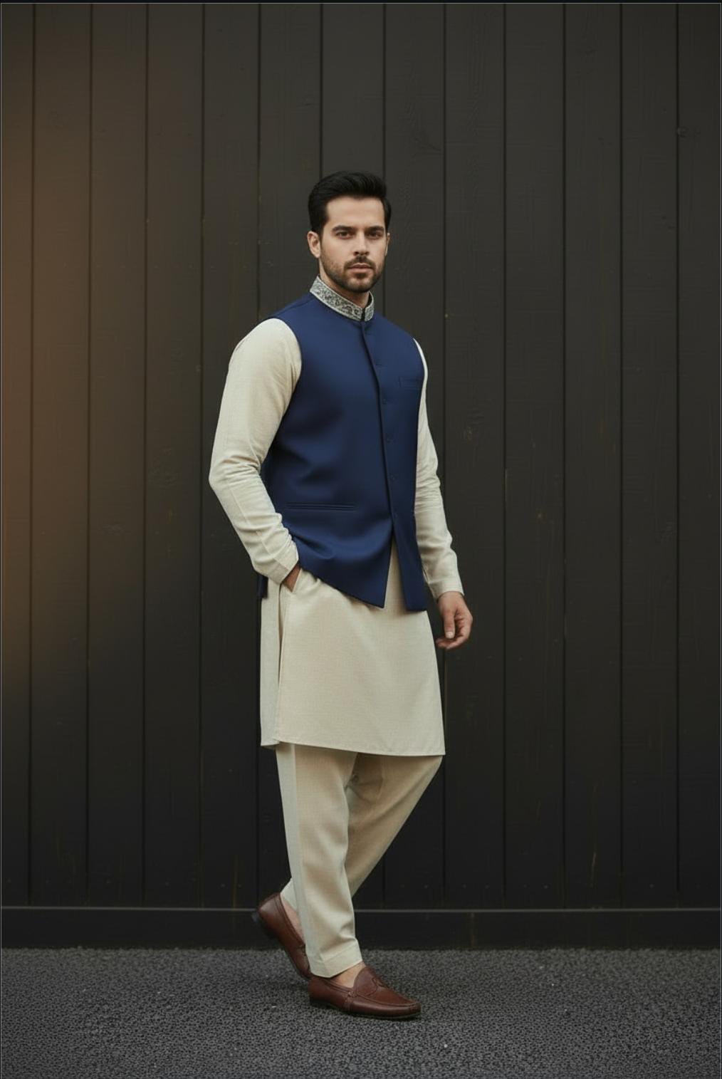 ROYAL BLUE HAND-EMBROIDERED COLLAR WAISTCOAT