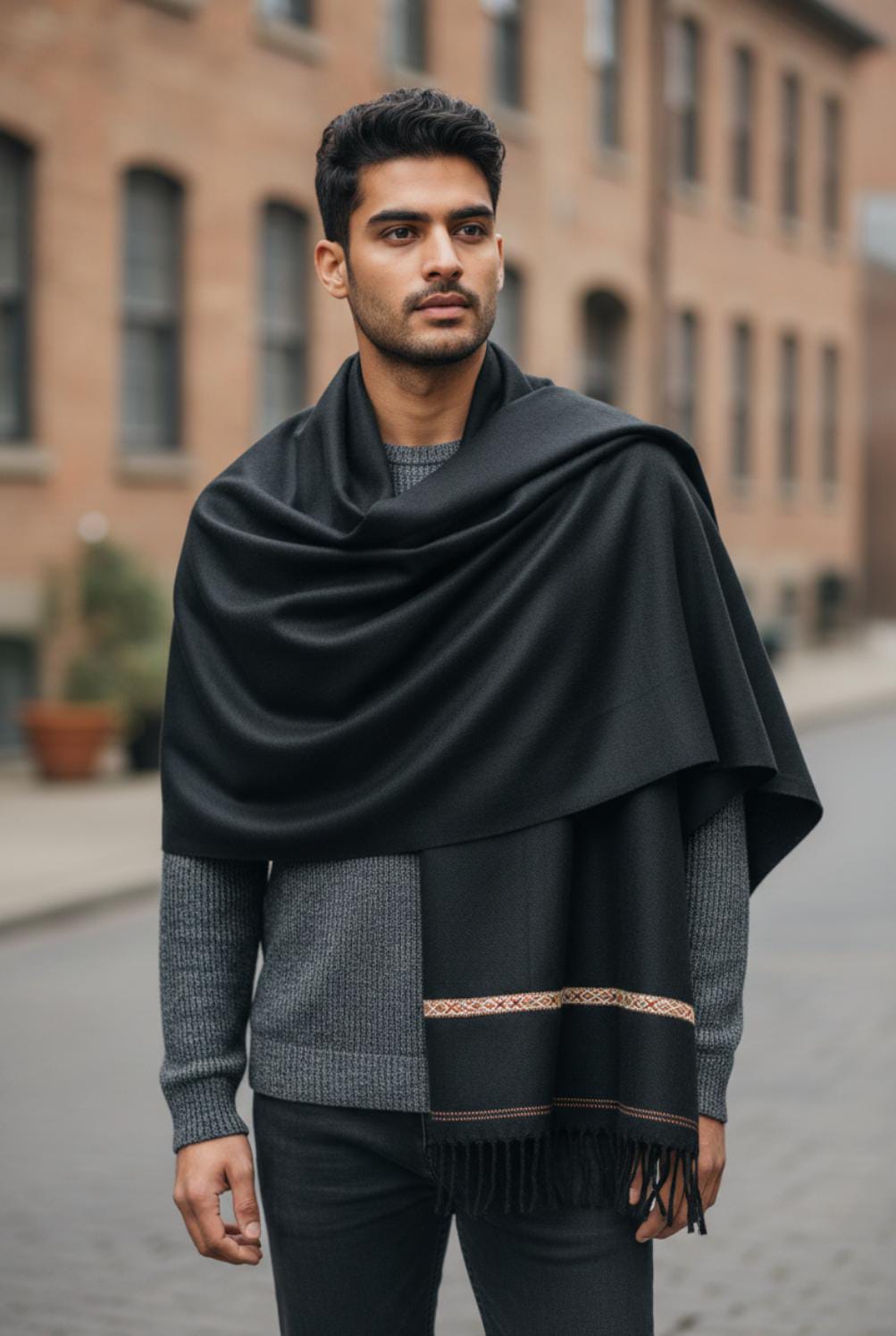 BLACK KASHMIRI WOOL SHAWL