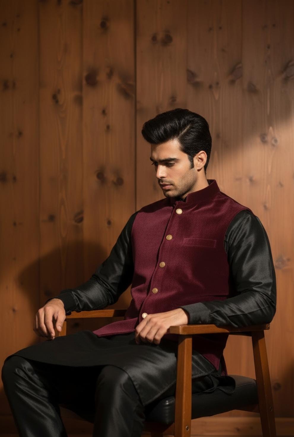 Maroon Sweat Waistcoat, Wearing with Shiny Black K/ Pajama