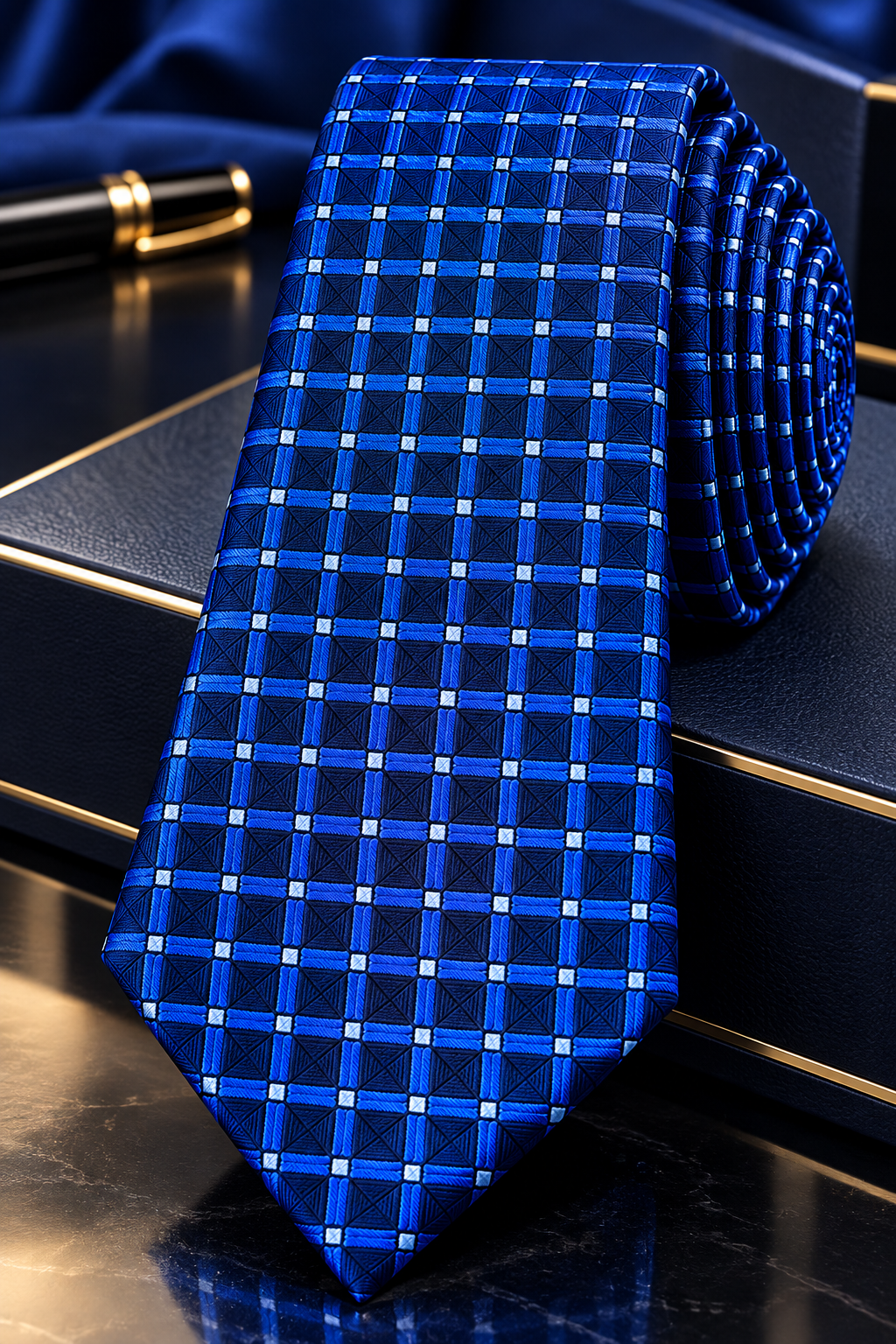 Royal Blue Geometric Grid Silk Tie