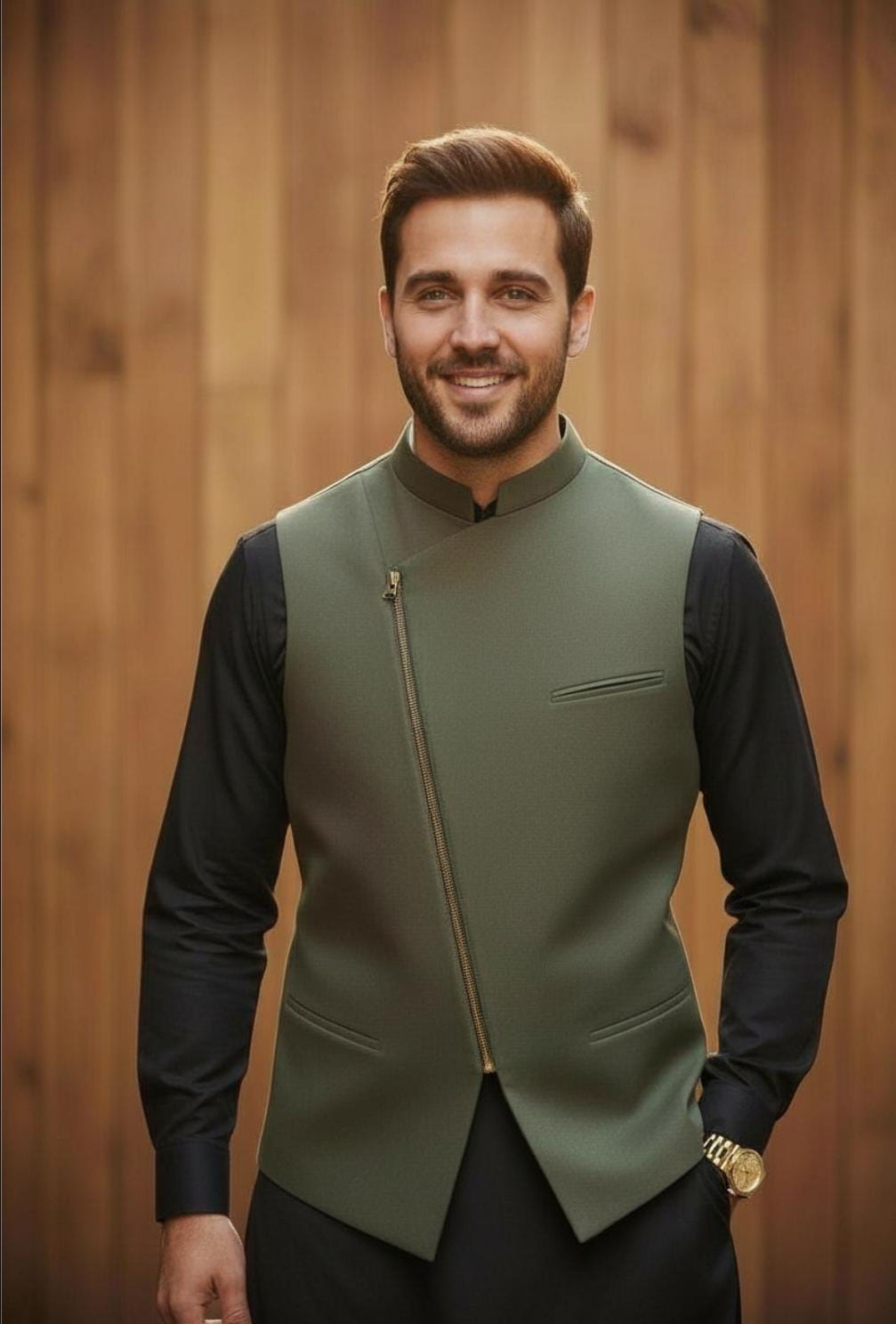 BLACK KAMEEZ SHALWAR WITH OLIVE COLOUR ZIPPER WAISTCOAT