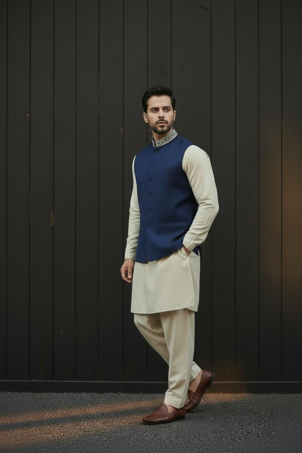 ROYAL BLUE HAND-EMBROIDERED COLLAR WAISTCOAT