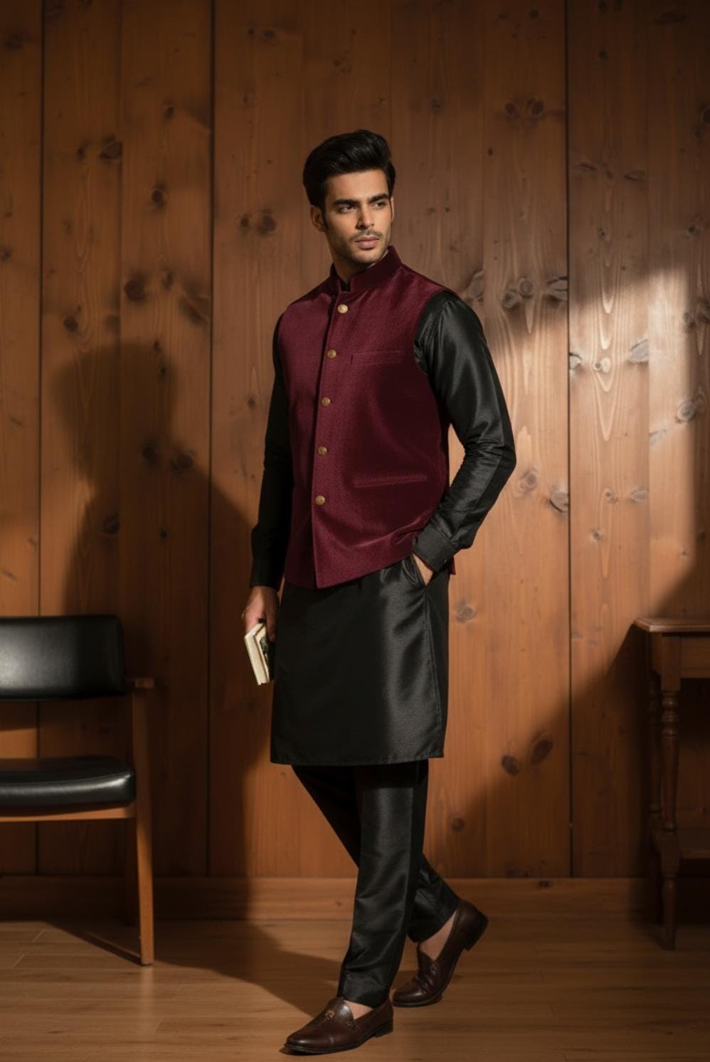 Maroon Sweat Waistcoat, Wearing with Shiny Black K/ Pajama