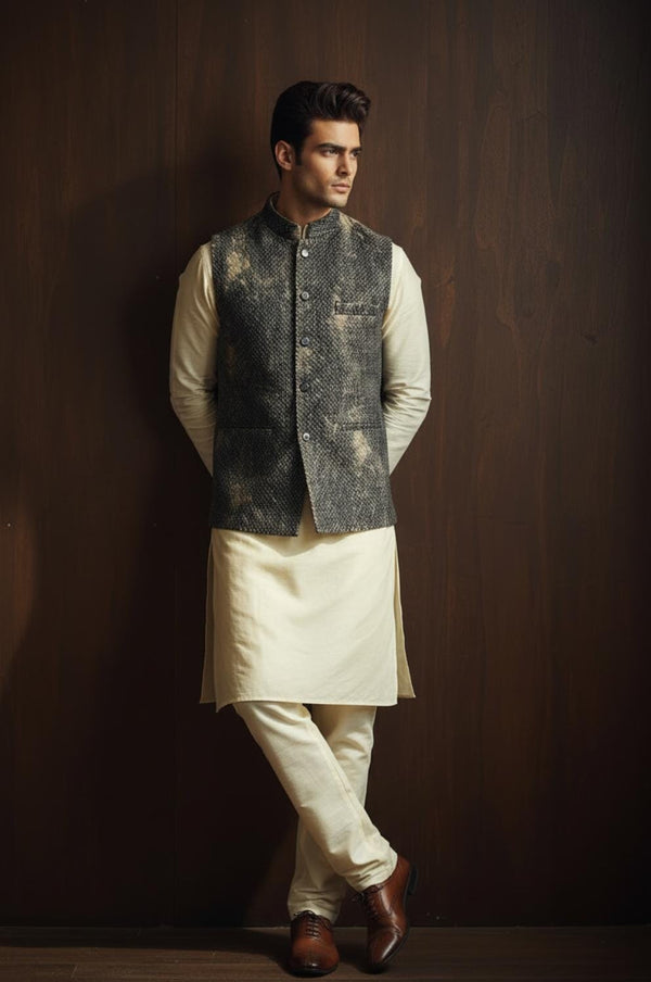 Artificial Snake Skin Waistcoat with Cream Kurta Pajama