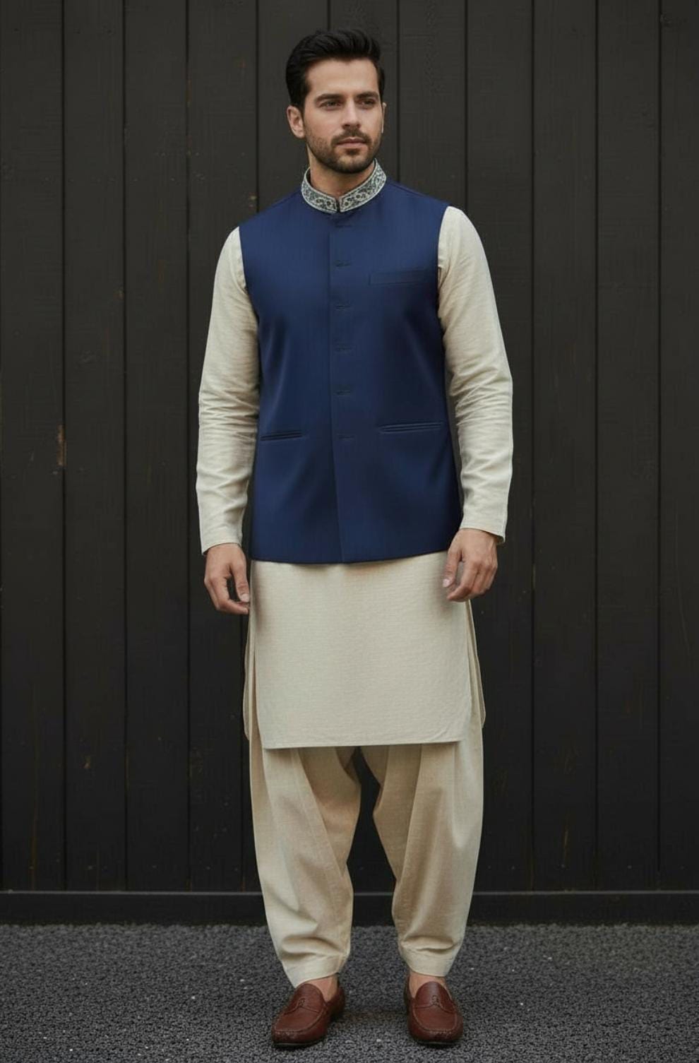 ROYAL BLUE HAND-EMBROIDERED COLLAR WAISTCOAT