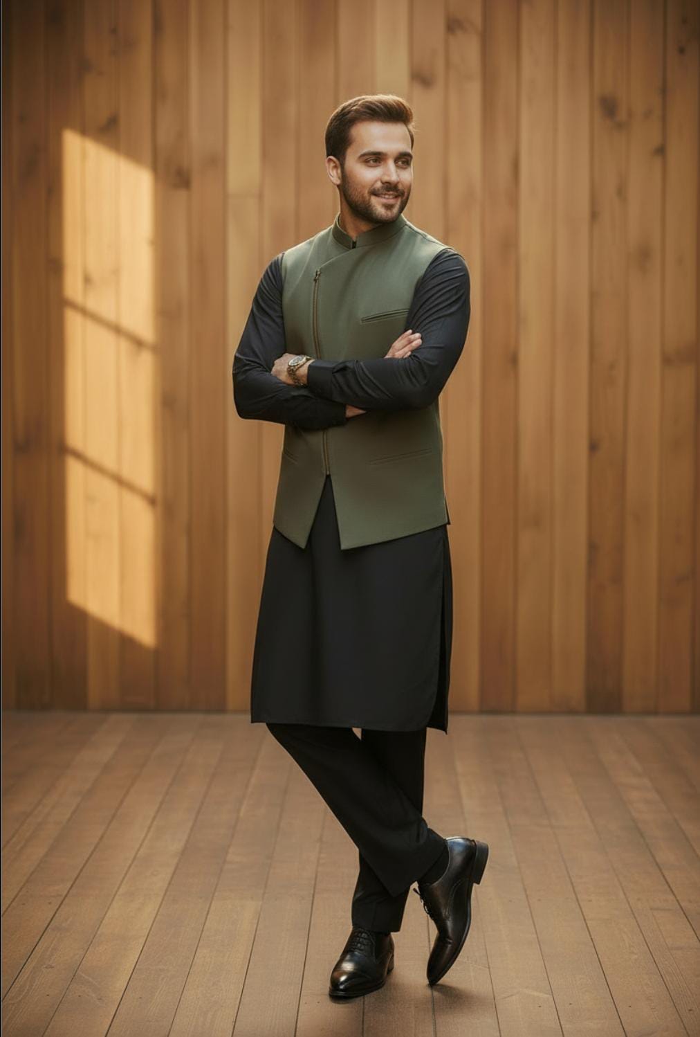 BLACK KAMEEZ SHALWAR WITH OLIVE COLOUR ZIPPER WAISTCOAT